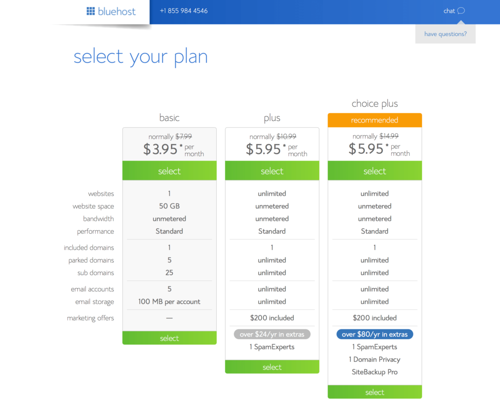 Bluehost Select a Plan Screenshot