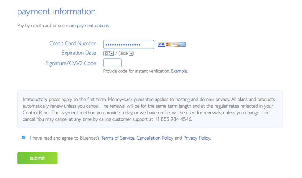 Bluehost Payment Info Screenshot