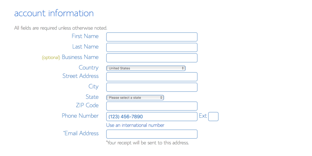 Bluehost Account Information Form Screenshot