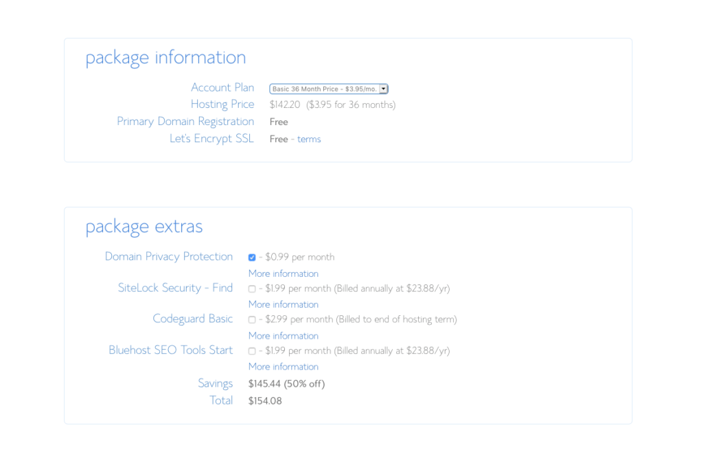 Bluehost Blog Package and Extras Screenshot