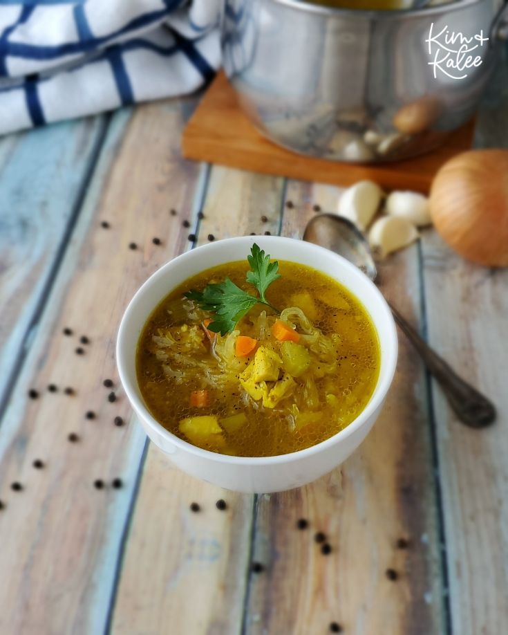 Keto Chicken Soup with Spaghetti Squash and Carrots in a Bowl