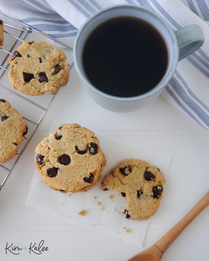 low carb chocolate chip cookies next to a cup of coffee