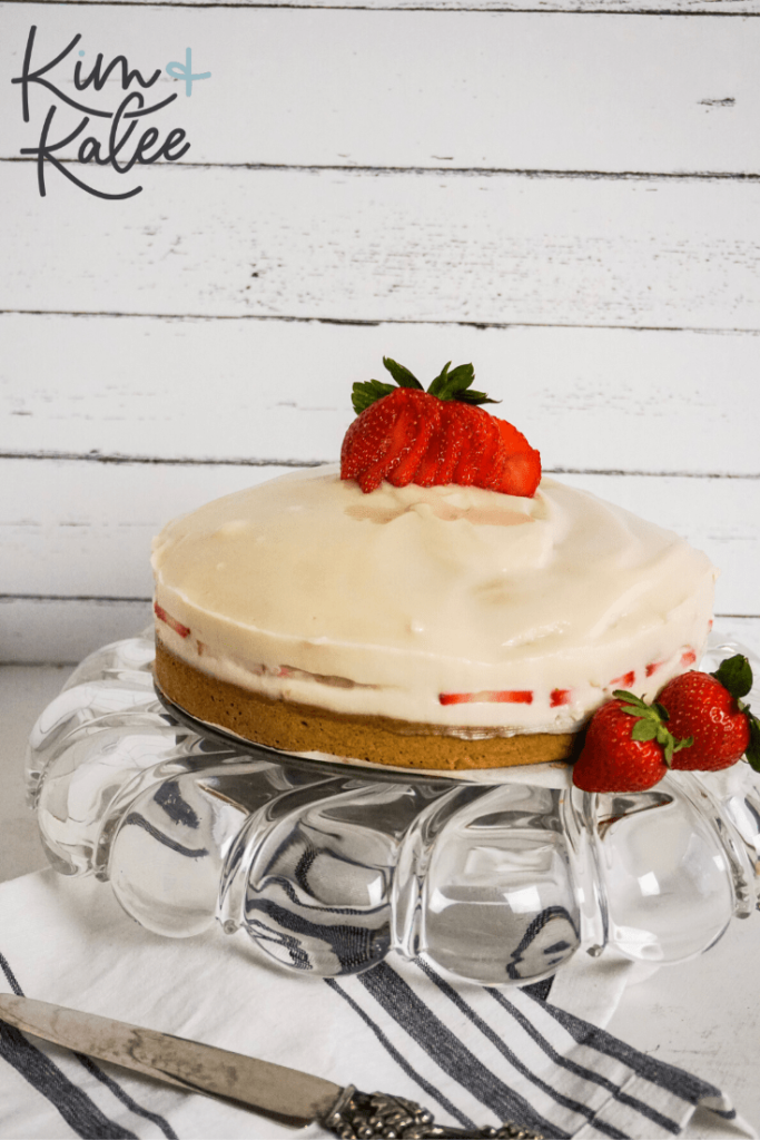 Strawberry Shortcake Cheesecake on a pie plate