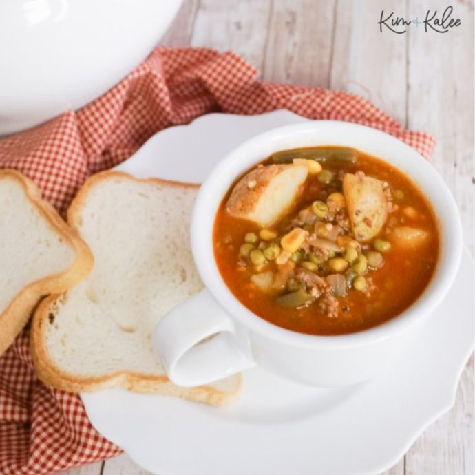 instant pot vegetable beef soup with hamburger in a bowl