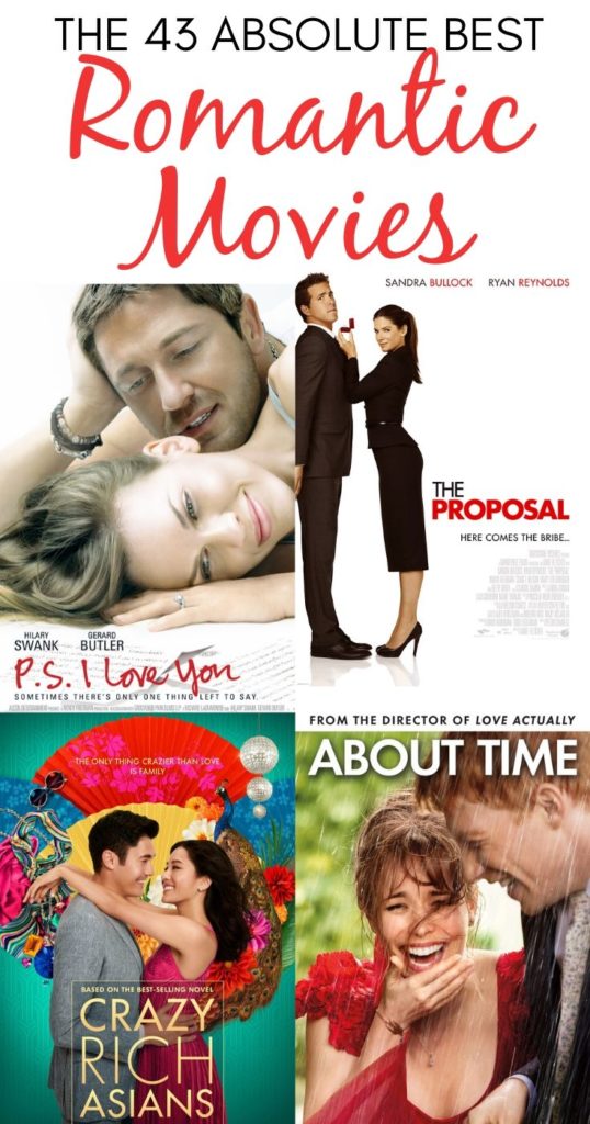 Collage of P.S. I Love You, The Proposal, Crazy Rich Asians, and About Time