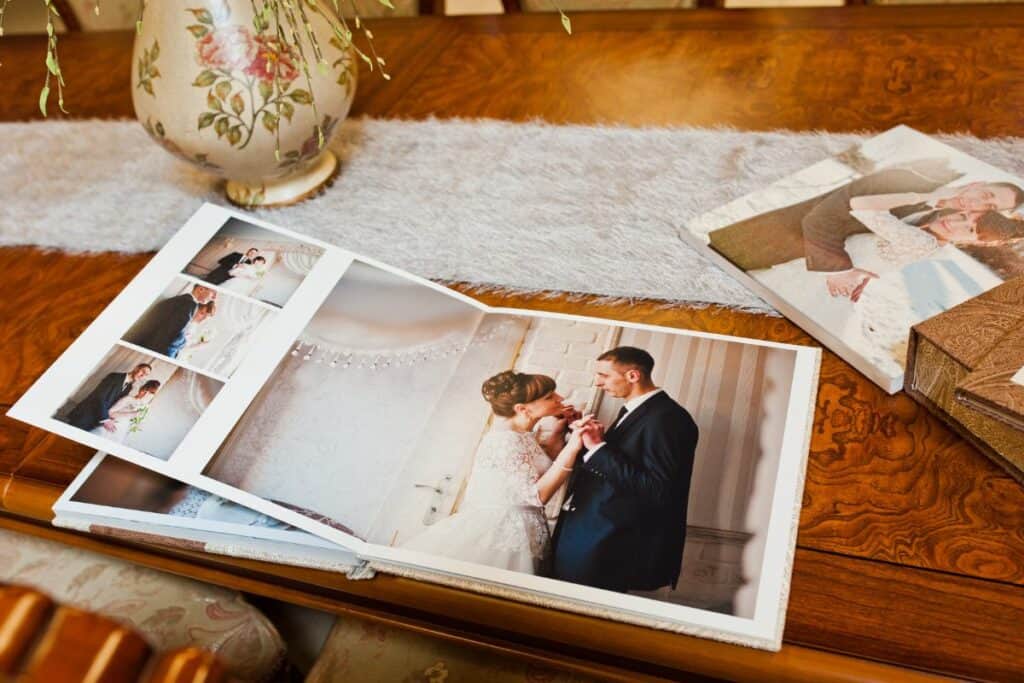  wedding album sitting on a table