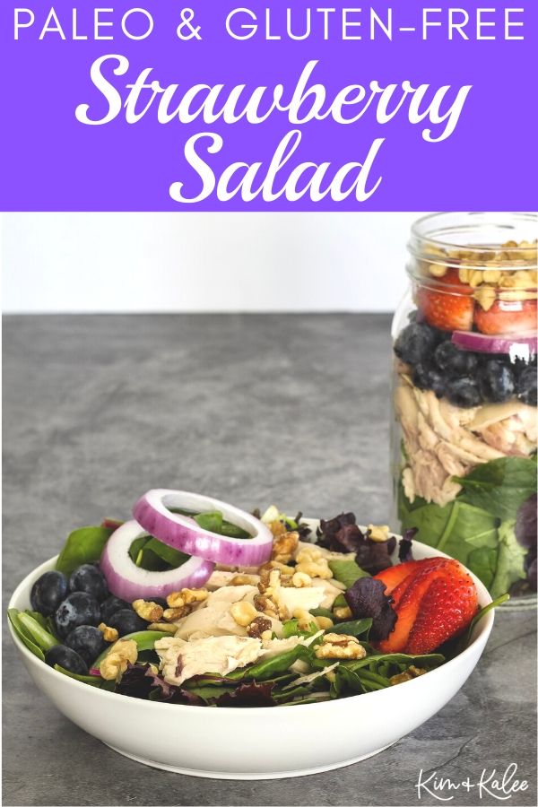 paleo strawberry blueberry walnut salad in a bowl and in a mason jar