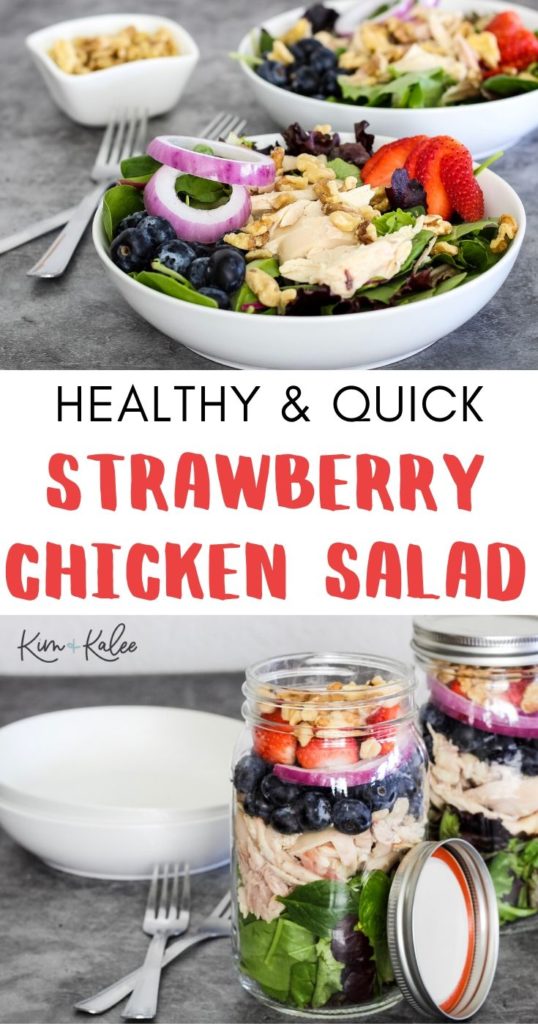 Mason Jar Strawberry, Blueberry, and Spinach Salad with Walnuts and Rotisserie Chicken