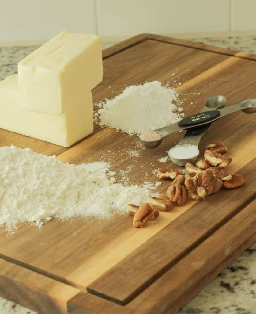 ingredients to make thumbprint cookies with pecans