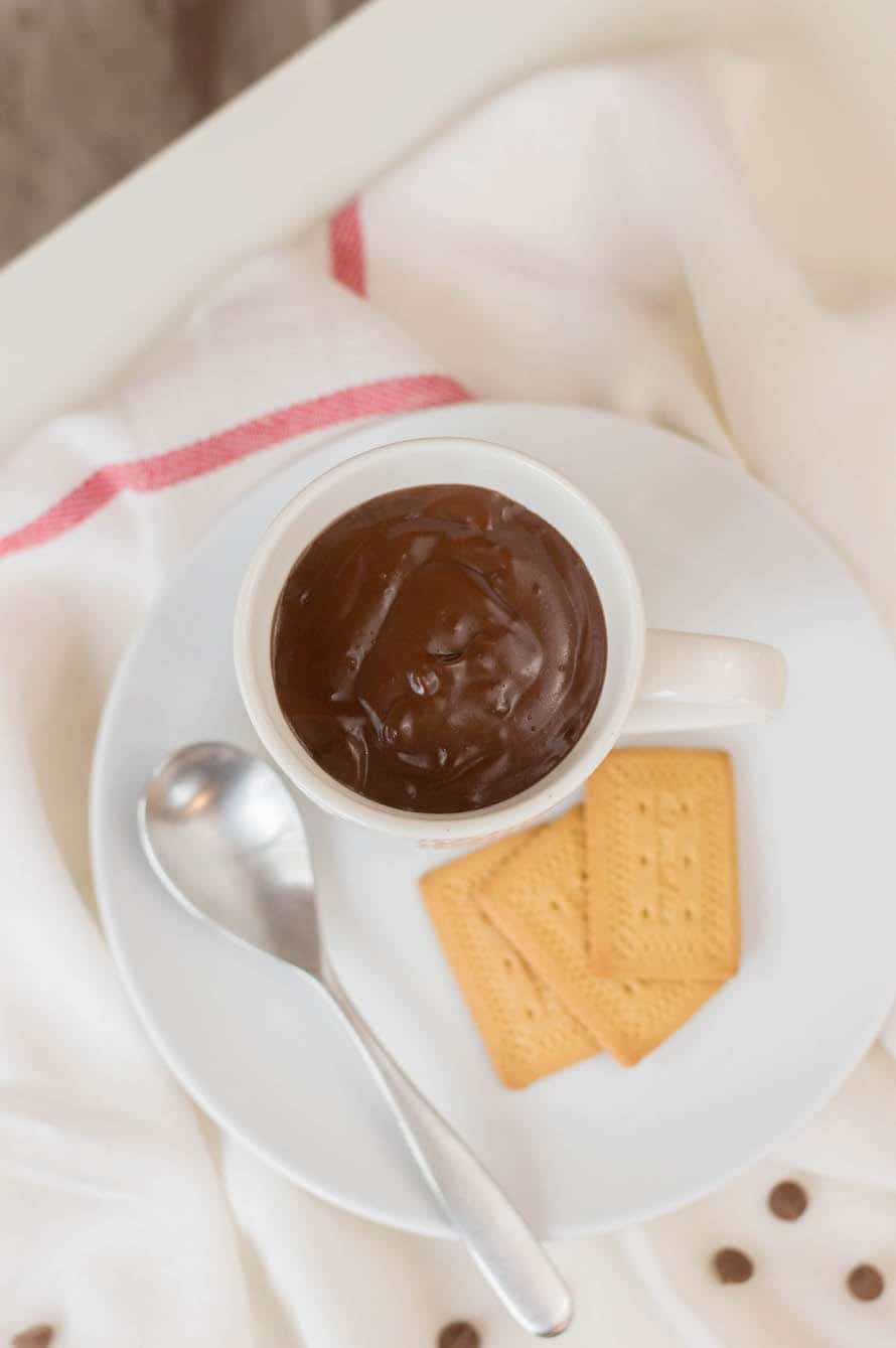 Max brenner inspired hot chocolate on a saucer with cookies