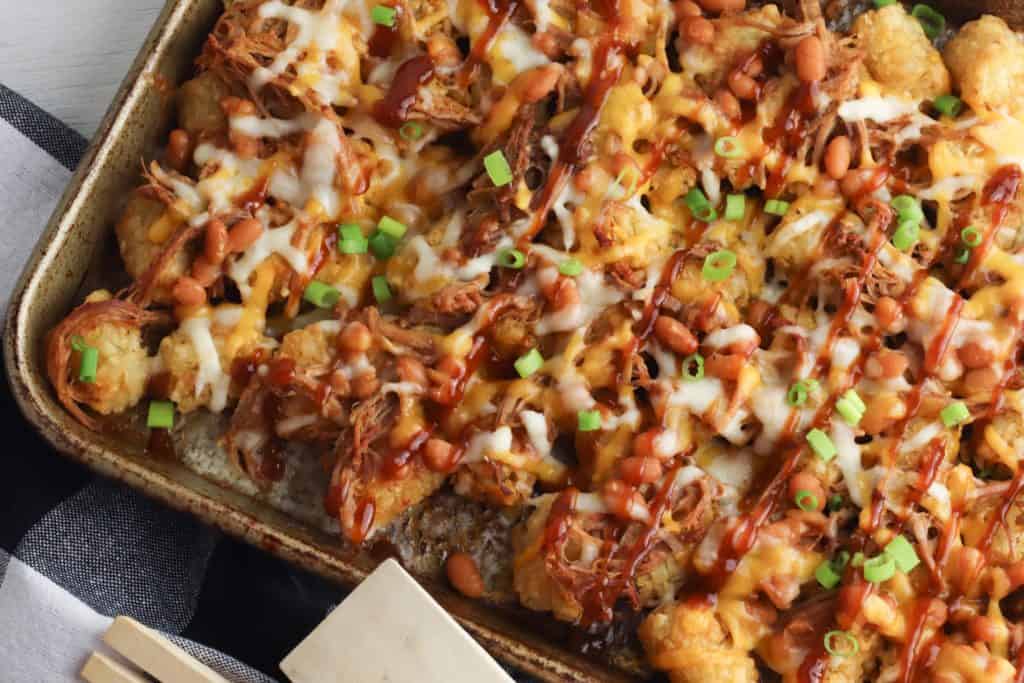 close up Pulled Pork Tater Tot Casserole