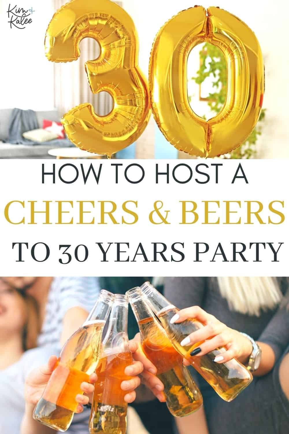 Collage of a cheers and 30 balloons with the text overlay that reads "Cheers and Beers to 30 Years Party"