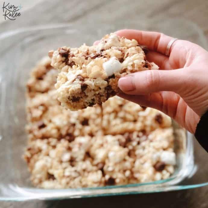 holding up one rice krispie treat