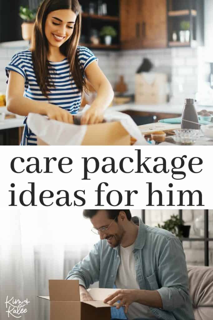 a woman packing a box and a man unboxing it - with the words care package ideas for him