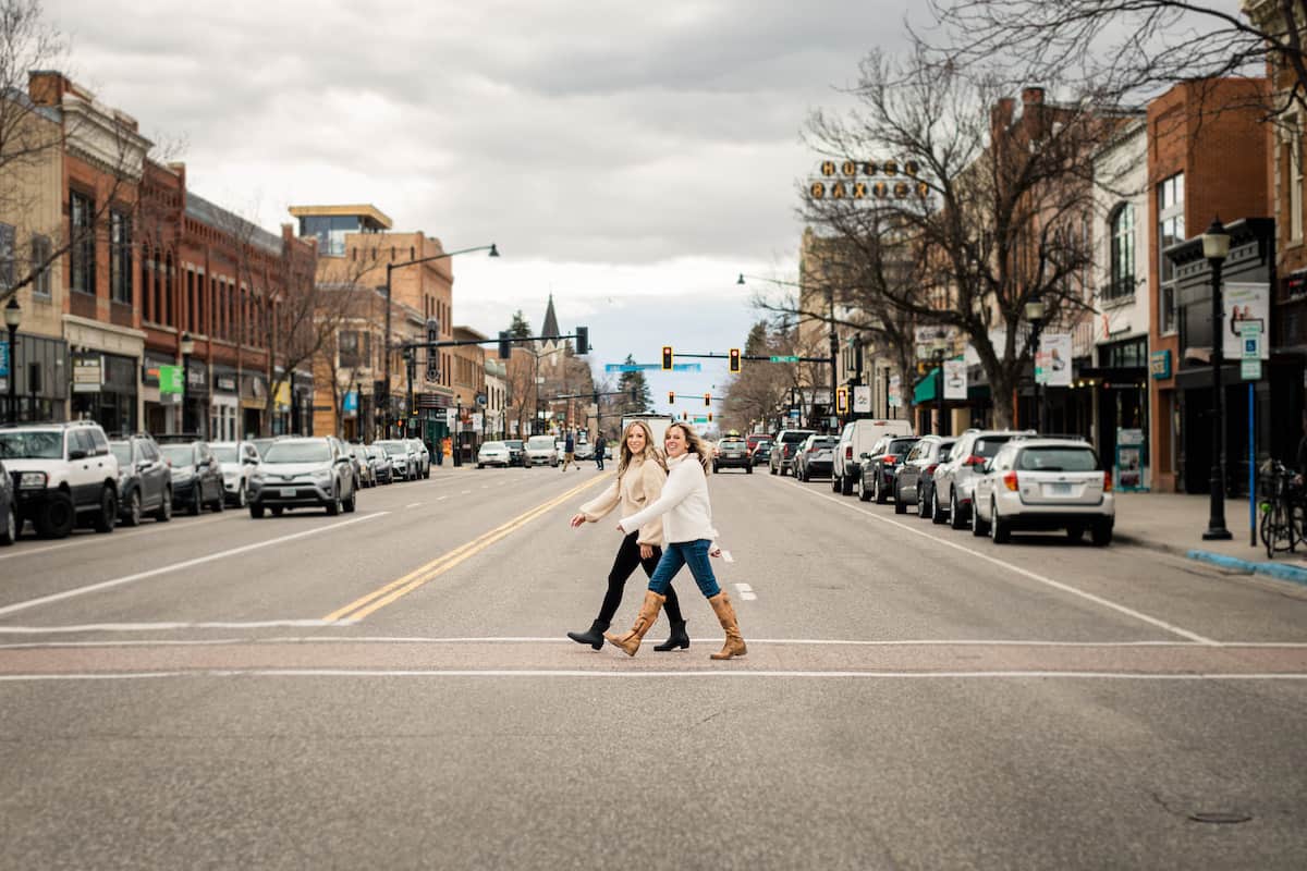 Kim and Kalee walking historic main street in Bozeman, MT