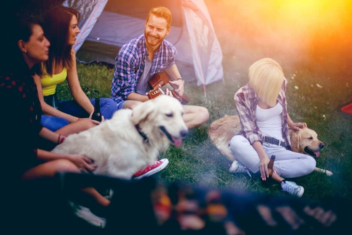 group of friends outside with a dog