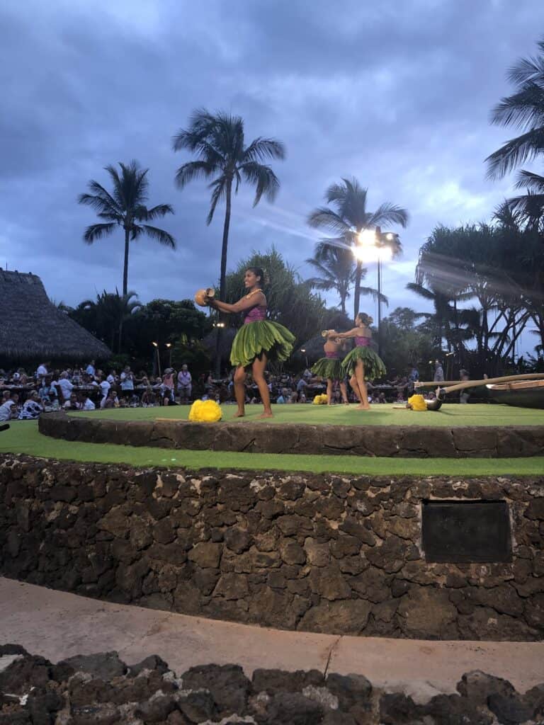 Hulu dancers on stage at the Old Lahaina Luau