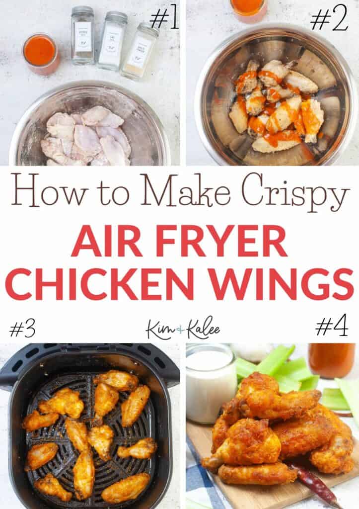 collage of the 4 major steps of how to make crispy air fryer chicken wings (text overlay)