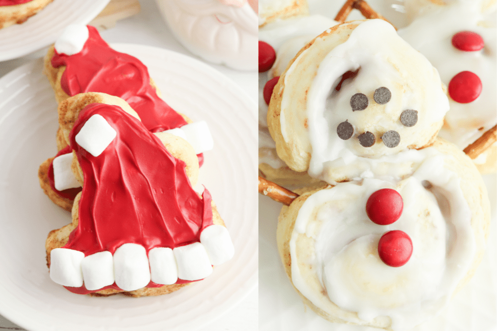 collage of the santa hat cinnamon roll on the left and snowman cinnamon roll on the right