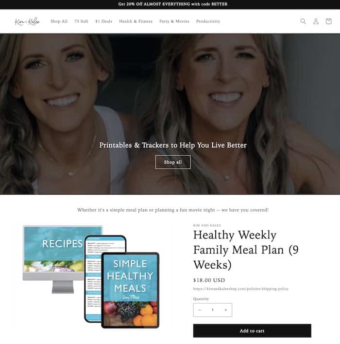 Kim and Kalee Shop Screenshot HomePage