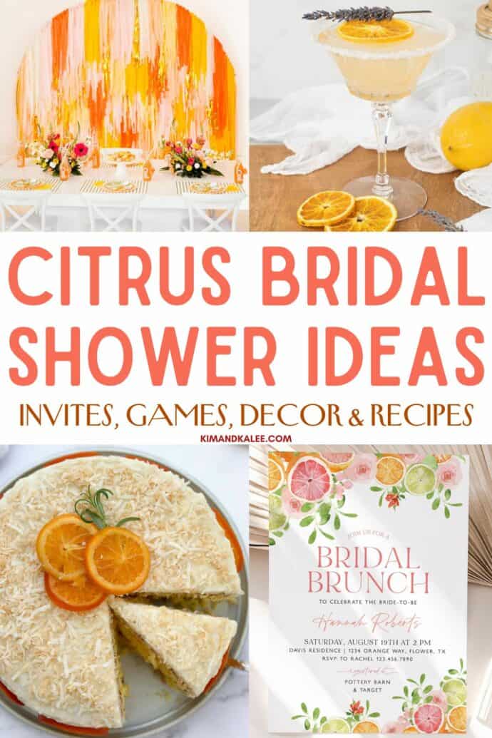 collage of citrus bridal shower ideas - decor, drinks, food, and invites